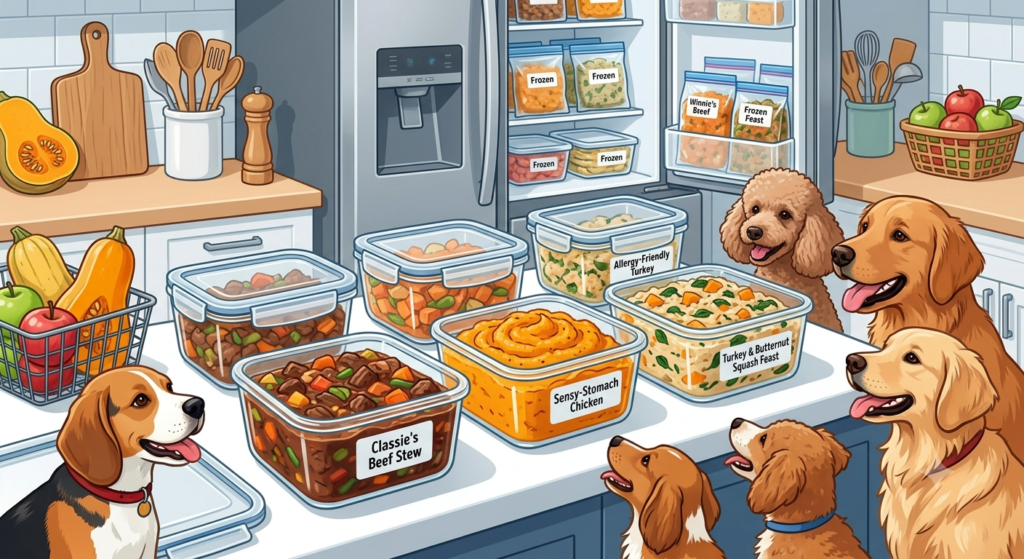 An illustrated scene shows a bright kitchen counter with stacked, clearly labeled glass containers of dog food stews ("Winnie's Beef Stew," "Sensy-Stomach Chicken," "Allergy-Friendly Turkey"). Fresh food baskets and a slightly open refrigerator full of frozen bags demonstrate organized meal preparation. Four happy dogs look on from the foreground.