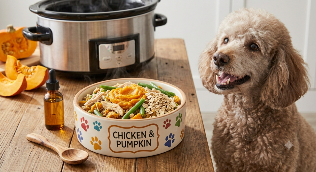 : On a rustic wooden table, a ceramic dog bowl with a 'CHICKEN & PUMPKIN' label is filled with shredded chicken, pumpkin puree, green beans, and oats. A fish oil bottle and spoon are beside it, and an elderly Poodle looks up with a joyful expression