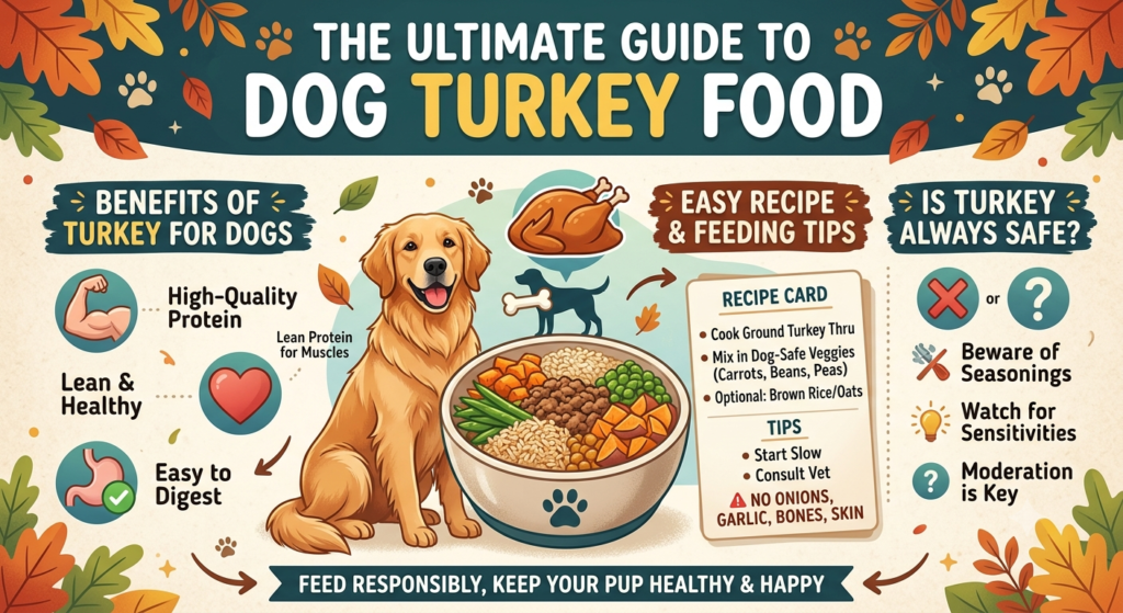 An infographic titled "THE ULTIMATE GUIDE TO DOG TURKEY FOOD" featuring a happy Golden Retriever sitting next to a bowl of dog-safe turkey, vegetables, and rice. The guide is structured into three clear columns:

BENEFITS: Highlights "High-Quality Protein," "Lean & Healthy," and "Easy to Digest" with corresponding icons.

RECIPE & TIPS: A "RECIPE CARD" details cooking steps (ground turkey, dog-safe veggies like carrots, beans, peas, optional brown rice/oats) and tips (start slow, consult vet, NO ONIONS, GARLIC, BONES, SKIN).

SAFETY: Asks "IS TURKEY ALWAYS SAFE?" with points: "Beware of Seasonings," "Watch for Sensitivities," and "Moderation is Key."
A banner at the bottom says "FEED RESPONSIBLY, KEEP YOUR PUP HEALTHY & HAPPY." The image is framed with autumn leaves and paw prints.