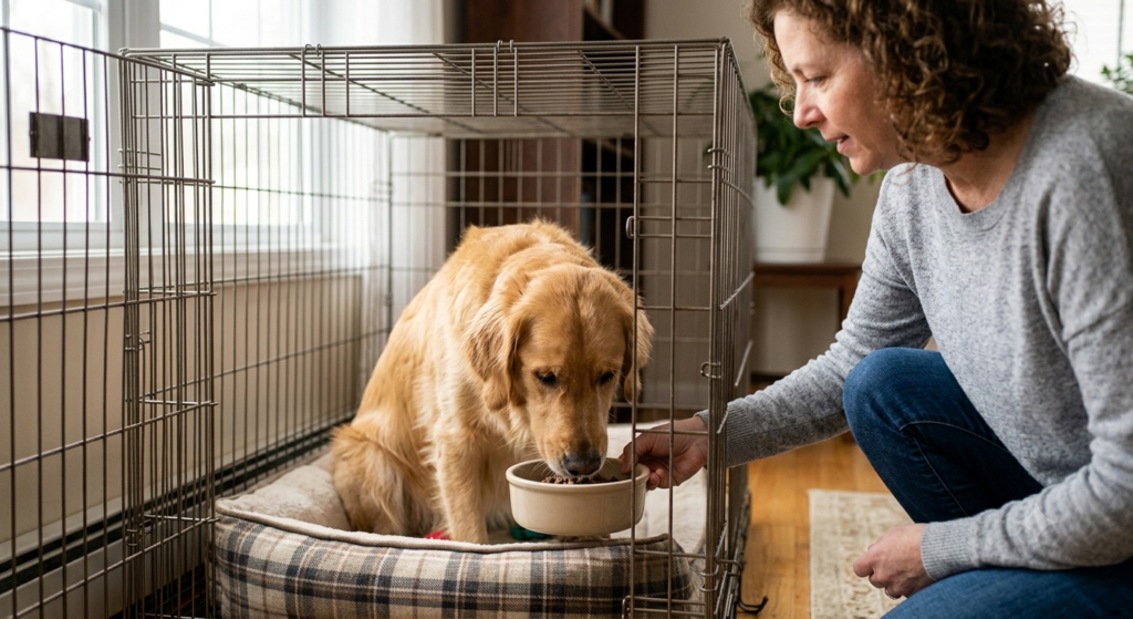 Mystery How to Crate Train an Adult Dog: The Ultimate Step-by-Step Guide Adult golden retriever khule metal crate ke andar baith kar apne bowl se khana kha raha hai, jabki owner gate par khadi hai.