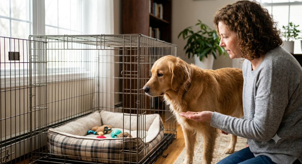 Mystery How to Crate Train an Adult Dog: The Ultimate Step-by-Step Guide Adult golden retriever curious expression ke saath khule hue crate ke gate par khada hai, owner treat dikha kar encourage kar rahi hai