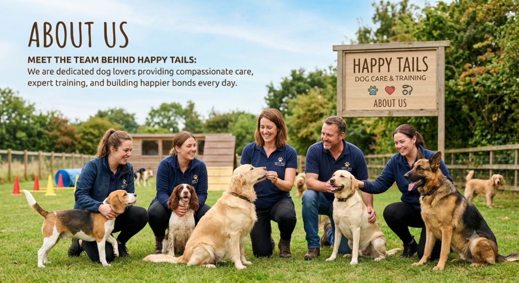 "A friendly team of professional dog trainers interacting with happy dogs at an outdoor dog care and training park."