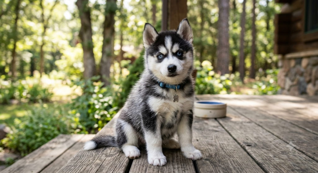 Miniature Siberian Husky: Small Package, Big Personality Guide (2026) ek chota aur pyara miniature Siberian Husky puppy ek lakdi ke deck par baitha hai. Iske kaan khade hain, aankhein neeli hain, aur isne gale mein ek neela collar pehna hua hai jismein tag laga hai. Background mein hara-bhara jangal aur ek lakdi ka cabin dundhla (blur) nazar aa raha hai.