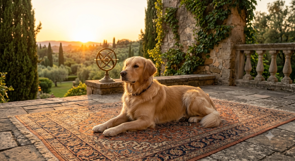 Do Dogs Get Tired of Barking? The Ultimate Guide for Exhausted Pet Parents 2026 A captivating sunset scene featuring a majestic Golden Retriever resting peacefully on a beautiful, intricately designed Persian rug. The rug is laid out on an ancient stone terrace that overlooks a vast, Italian-style landscape filled with cypress trees and olive groves. Next to the dog, a vintage brass armillary sphere rests on a stone pedestal. The setting sun is near the horizon, casting a warm, golden, and orange glow over the entire scene and beautifully illuminating the dog's golden coat. To the right, there is a stone balustrade and wall covered in creeping ivy. The atmosphere is incredibly serene and warm, with the dog gazing calmly toward the horizon.