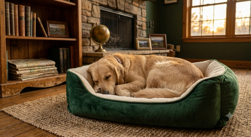Do Dogs Get Tired of Barking? The Ultimate Guide for Exhausted Pet Parents 2026 A detailed, close-up photograph captures a tricolor Beagle dog with a weary, tired expression, resting its head on its paws inside a plush, patterned blue and brown dog bed. The dog is lying on a rustic wooden floor in a cozy living room. In the background, there is a stone fireplace with a warm glow, a wooden bookshelf filled with books, and a window providing natural light, suggesting a comfortable domestic setting. The focus is sharp on the dog's face, with a shallow depth of field for the background. The dog wears a collar.