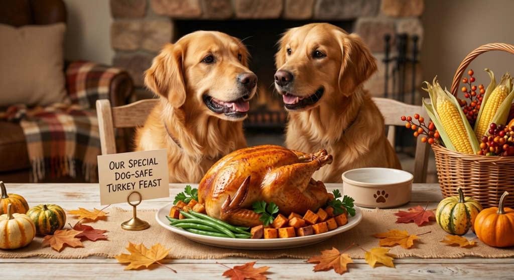 Aik garam aur cozy khizaan (autumn) ke mahaul mein, do Golden Retrievers aik mez par amne-samne baithe hain, bohat tawaqqo se center plate ki taraf dekh rahe hain. Center mein aik bada, buna hua roasted turkey plate hai, jiske gird hari phaliiyan aur roasted sweet potato cubes hain. Aik chhote safed card stand par likha hai 'OUR SPECIAL DOG-SAFE TURKEY FEAST'. Mez par burlap runner, scattered autumn patte, mini pumpkins (chhote kaddoo) aur aik cornucopia basket hai jis mein makai ke kuttay aur berries hain. Pas-e-manzar mein aik jal raha fireplace aur plaid chair hai. Aik khali dog bowl jis par paw print bana hai, plate ke saath rakha hai."