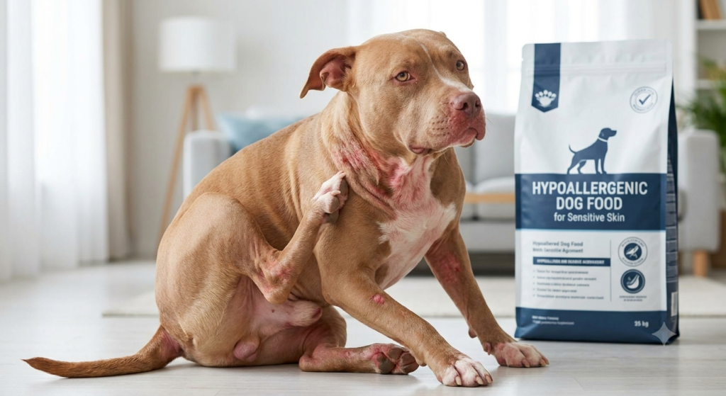 A fawn-colored pitbull scratching its neck, looking distressed due to visible red skin irritation, next to a bag of specialized hypoallergenic dog food.