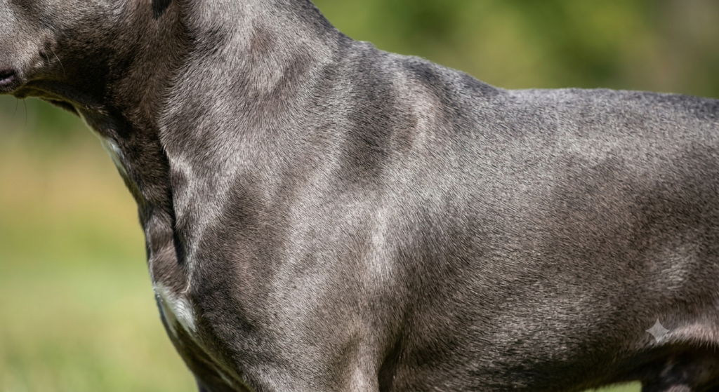 A high-resolution, extreme close-up photograph of a gray pitbull's smooth, rash-free shoulder, highlighting the glossy, reflective quality of a healthy coat resulting from a balanced, hypoallergenic diet.
