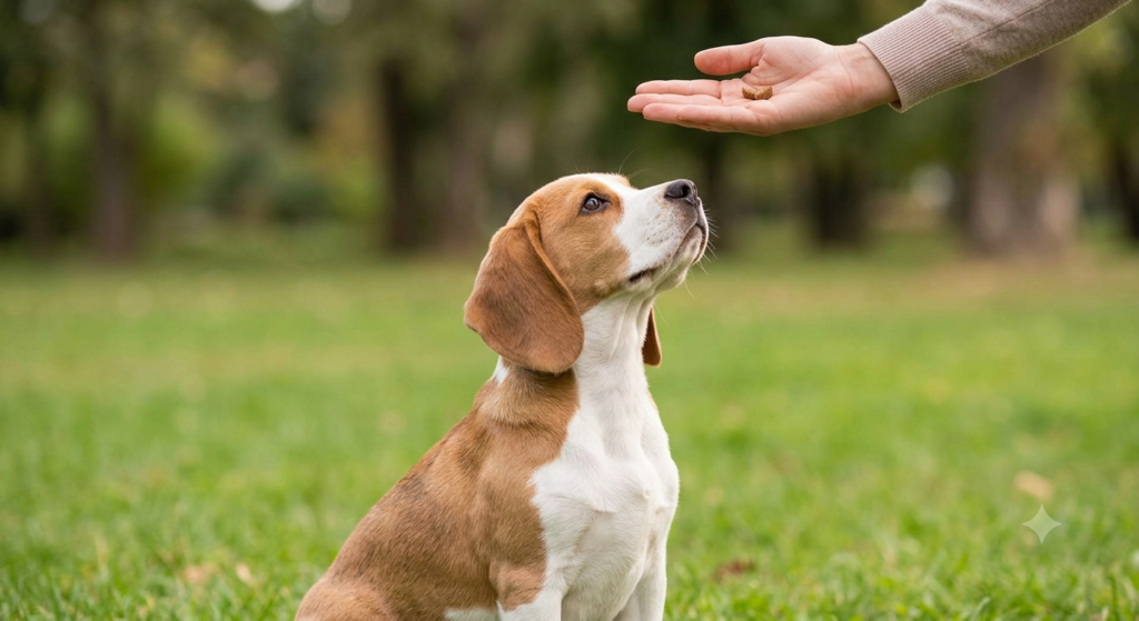 A beagle puppy is sitting in the park, looking at its owner's hand, which is holding a treat. This image visualizes the method described in the article for teaching the 'Sit' trick.