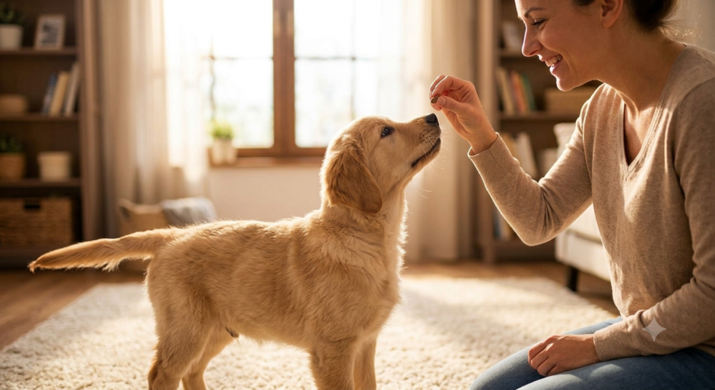 This image visualizes the introductory section of the article and the concept of positive reinforcement. It shows a strong bond and a joyful atmosphere between the owner and the puppy.