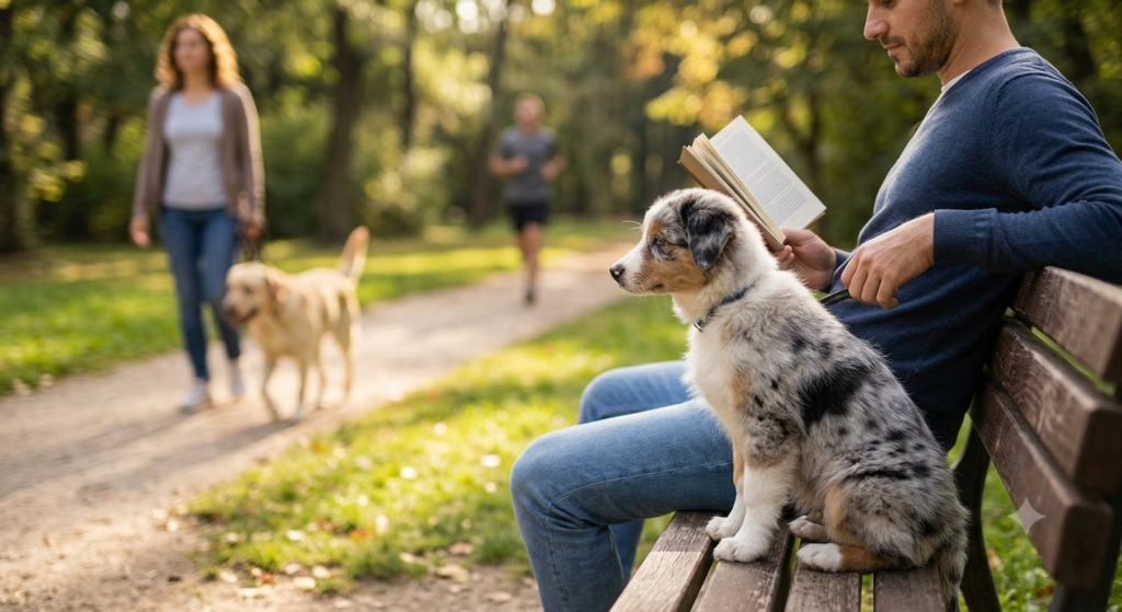 A calm and patient Australian Shepherd puppy is sitting on a park bench with its owner, while people and other dogs pass by around them. This image demonstrates the long-term benefits of early training and generalization.