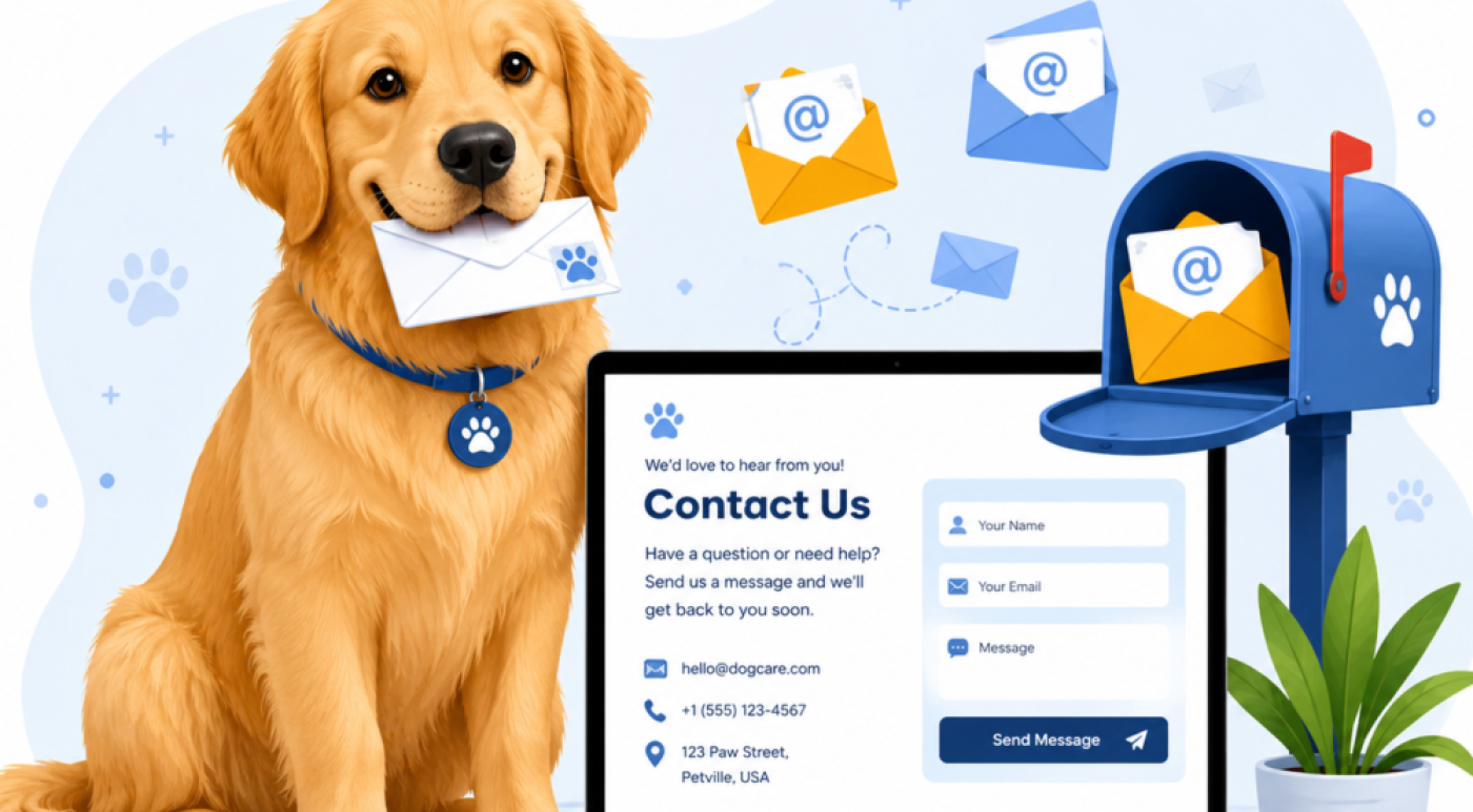 A high-quality, modern, and friendly illustration of a cute Golden Retriever dog sitting next to a laptop. The dog has a happy expression, holding a small white envelope in its mouth. Next to the laptop is a colorful mailbox with floating email icons. Clean white and pastel blue background, vector art style, flat design, perfectly suited for a modern pet blog's 'Contact Us' page. Highly detailed, inviting, and professional."